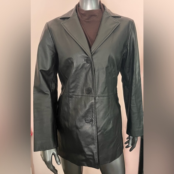 Worthington 100% Genuine Lambskin Leather Collared Black V-Neck Jacket - Picture 2 of 8